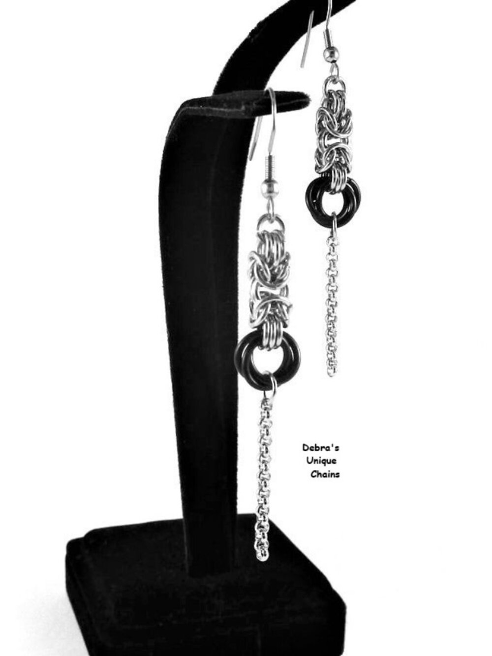 Silver Black Earrings Medieval Chainmail Byzantine Rose Handmade Unique Jewelry